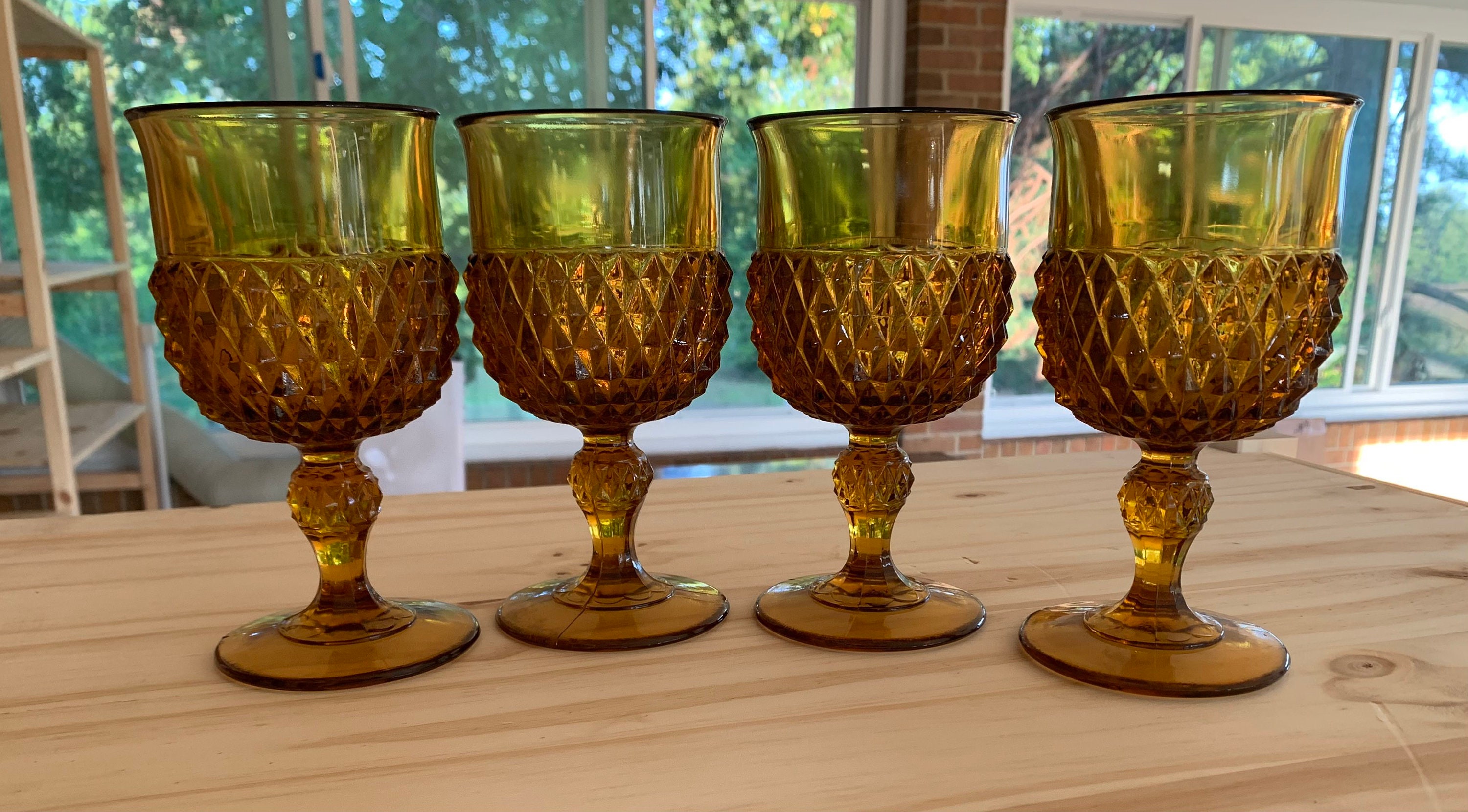 Set of 4 Indiana Glass Stemmed Water Goblets in Diamond Point Designed of  10 Fluid Ounce Glasses. I Have Multiple Sets Available. Bar 249 