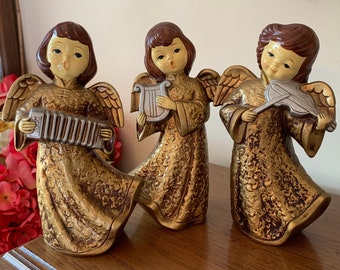 3 Angel Figurines Depicting Singing, Playing Concertina, Harp and Violin - Hard Plastic - Handmade in Korea - Good Vintage Condition!