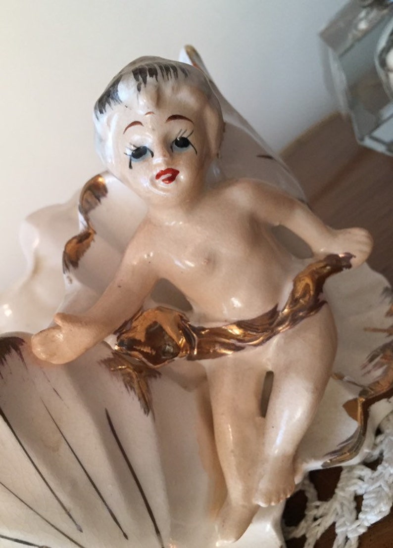 Royal Sealy Cherub Planter Flower Pot Planter with Original Sticker White Porcelain Gold Trim Beautiful