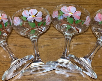 Set of 4 Pretty Hand Painted Vintage Champagne Coupe Glasses - Very Good Vintage Condition!
