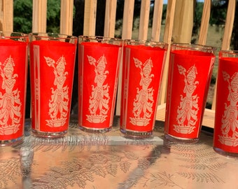 Set of 6 Thai Dancer 16 oz Hiball or Iced Tea Glass Tumblers, Retro Barware - 1960s Asian Barware - Red and Gold Very Good Condition!