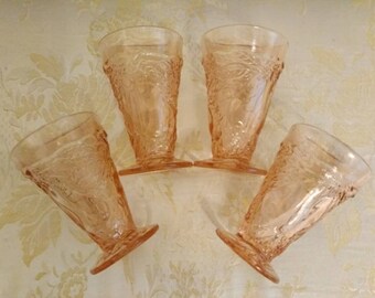 4 Pink Tiara Glass Footed Tumblers in the Sweet Pear Pattern - Kept in Storage - Mint Condition