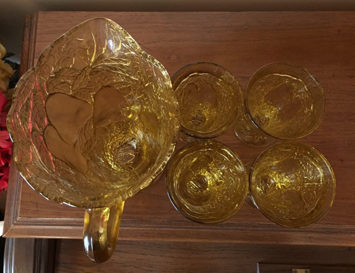 Yellow Amber Tiara Glass Sweet Pear Pitcher and 4 Glasses Set Etsy