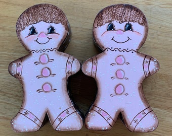 1980s Pair of Hand Painted and Signed Gingerbread Man Candle Holders - Adorable!