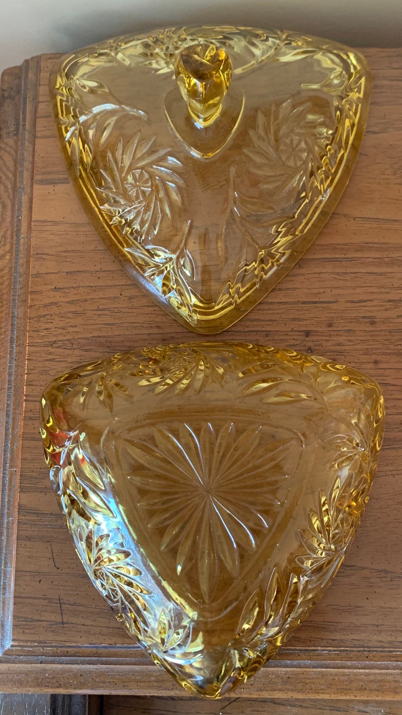 Vintage Light Amber Golden Yellow Glass Candy Dish Triangle Etsy