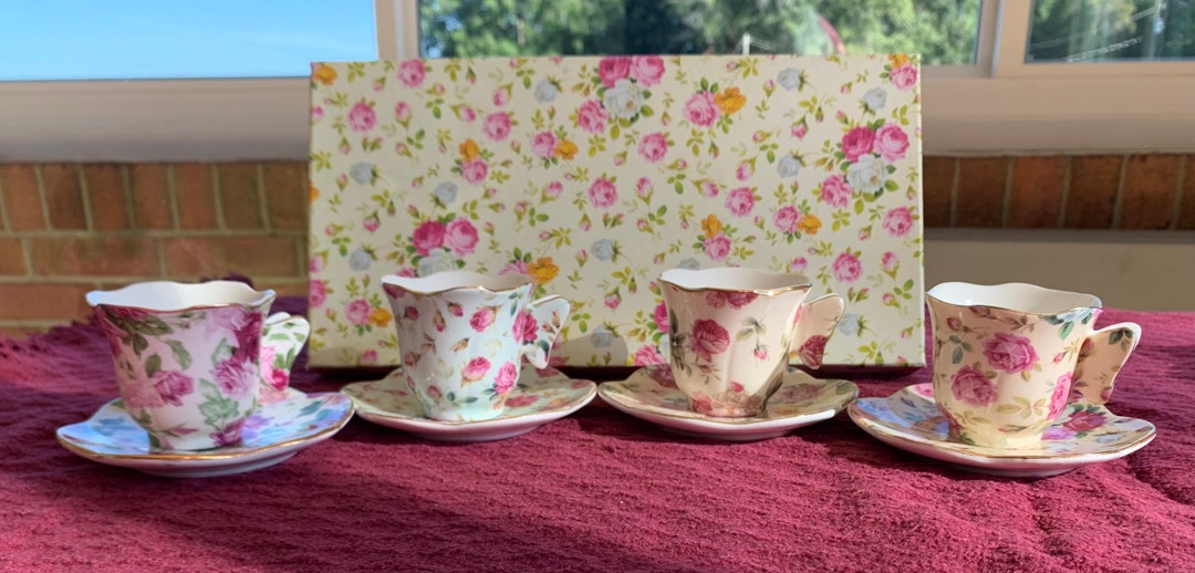 Rose Chintz Gracie China Demitasse Espresso Set of 4 Cups and 4 Saucers