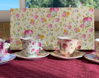 Rose Chintz Gracie China Demitasse Espresso Set of 4 Cups and 4 Saucers with Butterfly Handles in Original Box- Mint Condition - So Pretty!