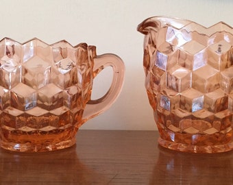 Peach Pink American Whitehall Creamer and Sugar Bowl in Cube Pattern with Original Tag- Excellent Condition!