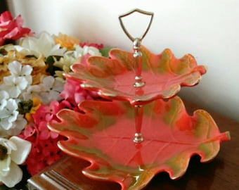 California Pottery 2-Tier Leaf Dish Serving Tray Orange and Green - Excellent Condition!