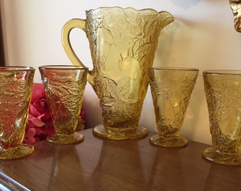 Yellow Amber Tiara Glass Sweet Pear Pitcher and 4 Glasses Set - Excellent Condition!