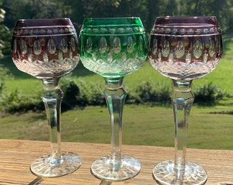 3 Cut-to-Clear Wine Glasses (2 purple, 1 green) - Very Good Vintage Condition - Lovely!