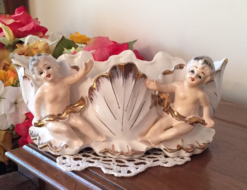 Royal Sealy Cherub Planter Flower Pot Planter with Original Sticker White Porcelain Gold Trim Beautiful