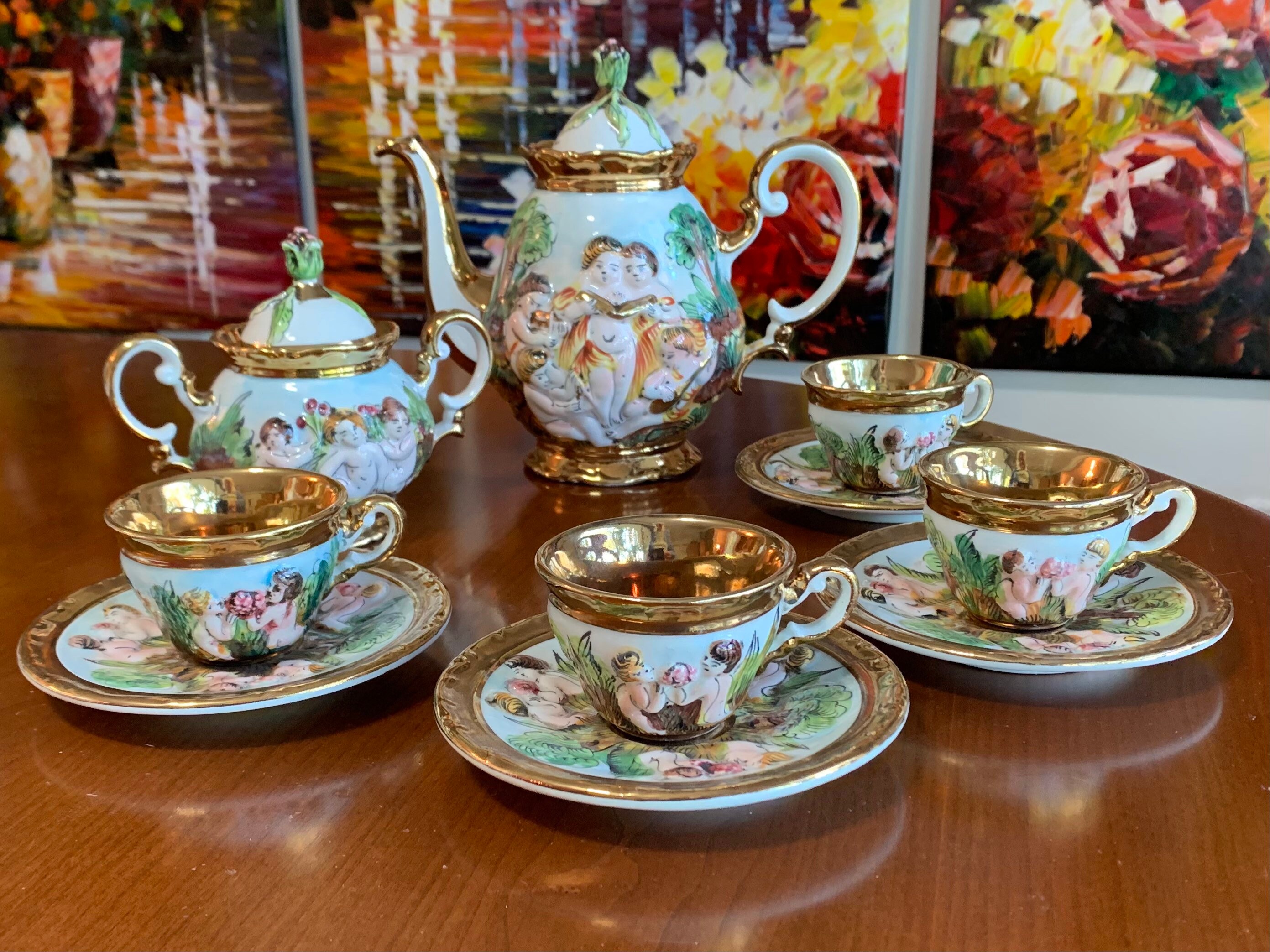 Porcelain Etsy Cherub Made Espresso Beautiful Demitasse Italy, in Signed in Gold, Numbered Gold - Set/tea Capodimonte Set and