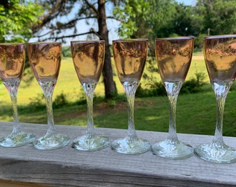 Light Cranberry Pink Stemmed Shot Glasses with Gold Accents - Good Vintage Condition