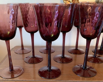 9 Purple/Plum Bubble Glass 12 oz. Wine Glasses 8.75 Inches Tall - Very Good Vintage Condition!