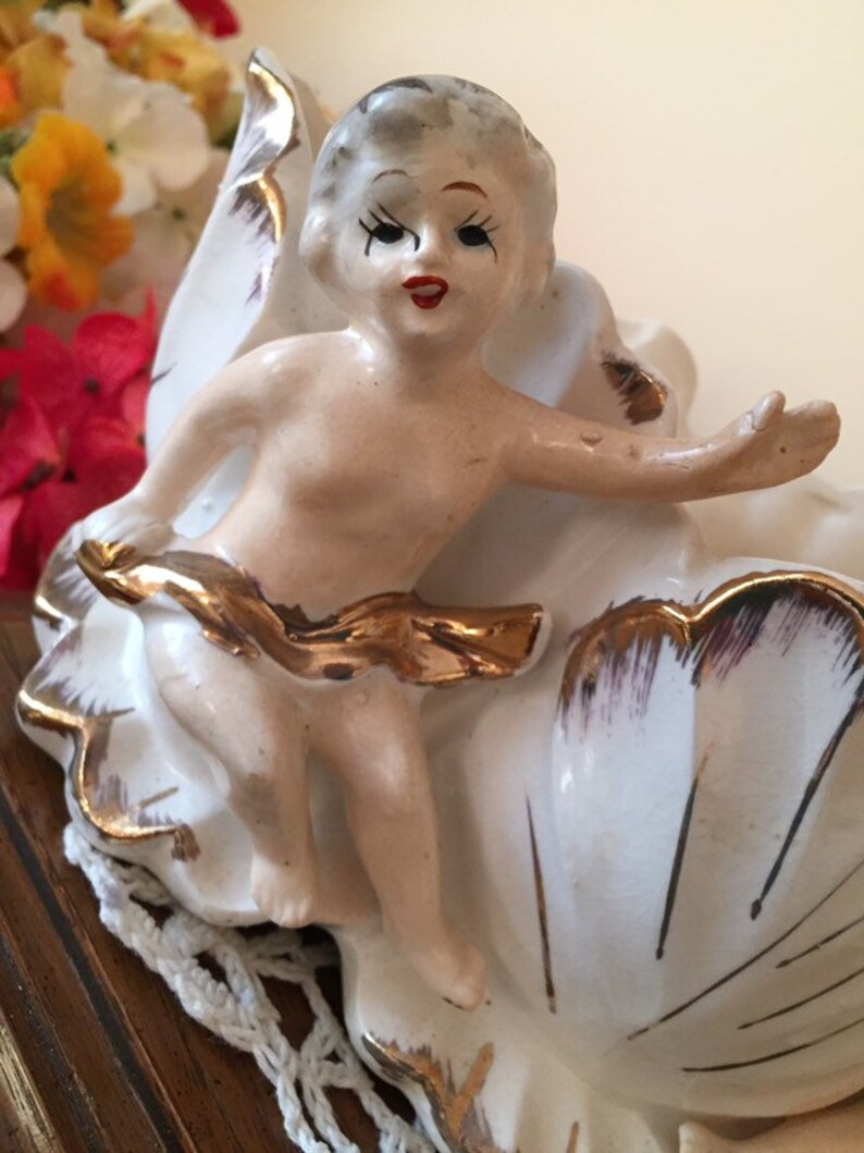 Royal Sealy Cherub Planter Flower Pot Planter with Original Sticker White Porcelain Gold Trim Beautiful