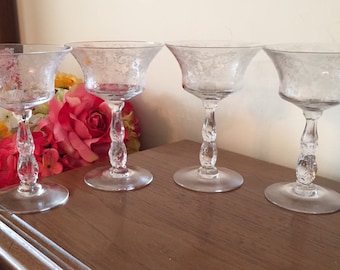 4 Rose Point by Cambridge 7 oz Flared Champagne Glasses or Tall Sherbet Cups -Wedding Crystal - Beautiful - Excellent Condition!