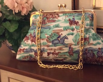 Equestrian Purse Horse Handbag Clutch Blue and Green Fox Hunt