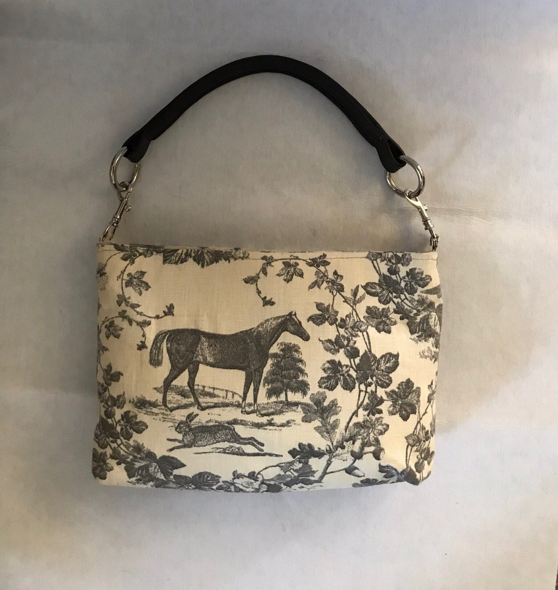 Horse Purse Equestrian Purse Grey Linen Equestrian Horse Handbag Purse