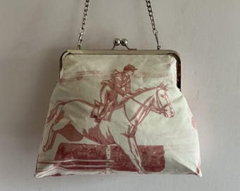 Ralph Lauren Horse Fabric Clutch Purse, Equestrian Kiss Lock Handbag