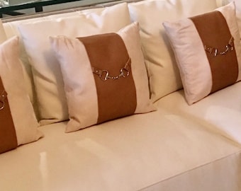 Equestrian Pillow with Leather Horse Bit, Horse Home Decor (18")