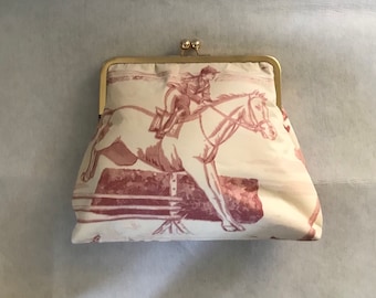 Ralph Lauren Horse Fabric Clutch Purse, Equestrian Kiss Lock Handbag
