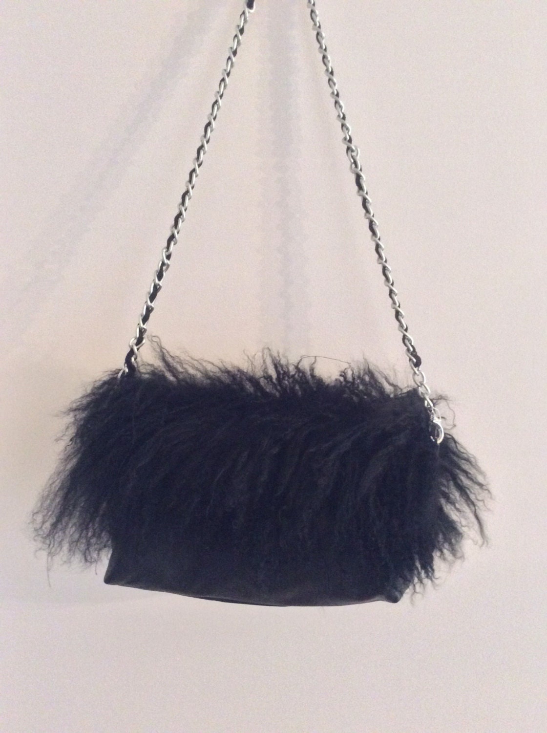 Black Mongolian Lamb Fur and Black Leather Clutch Handbag - Etsy