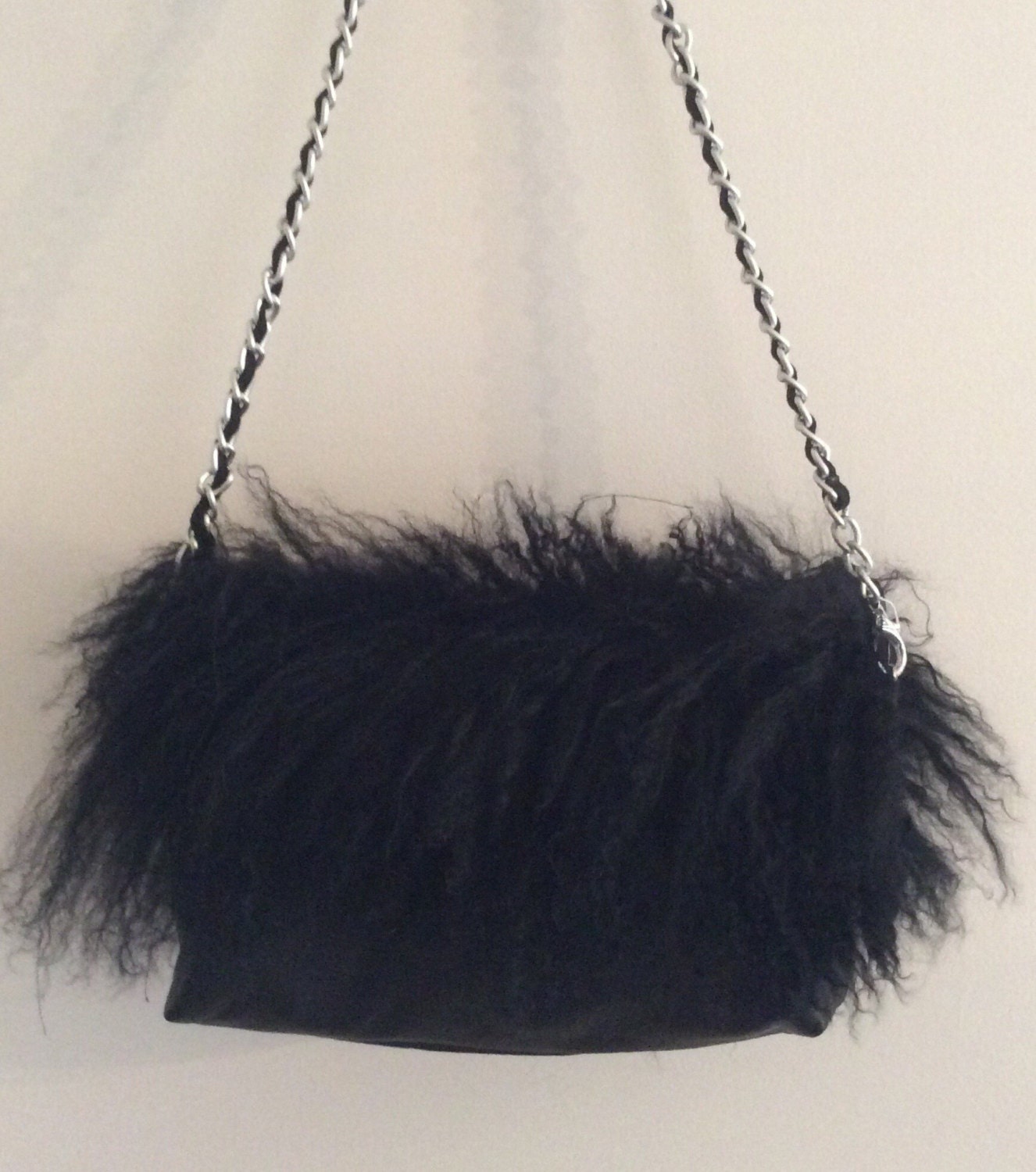 Black Mongolian Lamb Fur and Black Leather Clutch Handbag - Etsy