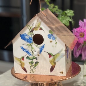 Hummingbirds & Morning Glories CopperRoofed Birdhouse, Special Offer! Buy 1 full sized birdhouse, get 1 Birdhouse ornament FREE