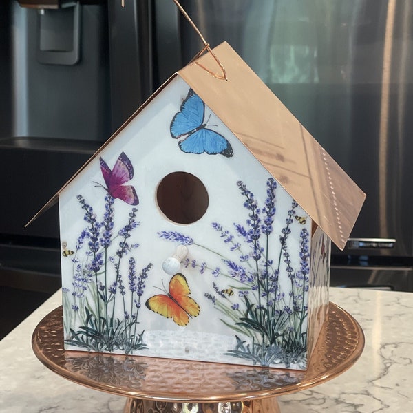 NEW!! Butterflies, Bees, and Lavender Copper Roofed Birdhouse, Special Offer! Buy one full sized birdhouse, get one birdhouse ornament FREE!