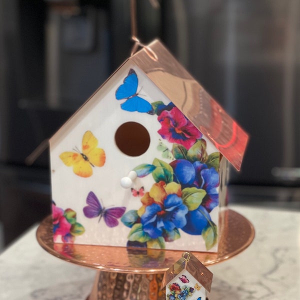 Butterflies and Pansies, Copper Roofed Birdhouse, Special Offer, Buy one full sized birdhouse, get one birdhouse ornament FREE!