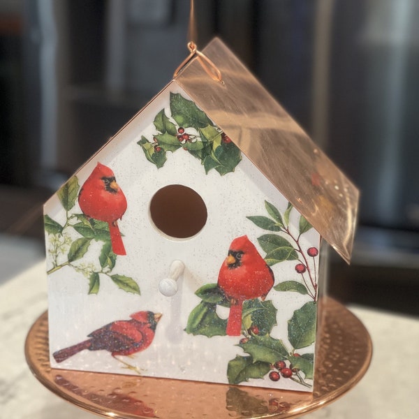 Cardinals & Winter Berries Copper Roofed Birdhouse, Buy 1 Full Sized Birdhouse, get 1 Birdhouse Ornament FREE