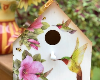 Hummingbirds & Hibiscus Copper Roofed Birdhouse, Special Offer! Buy one full sized birdhouse, get one birdhouse ornament FREE!