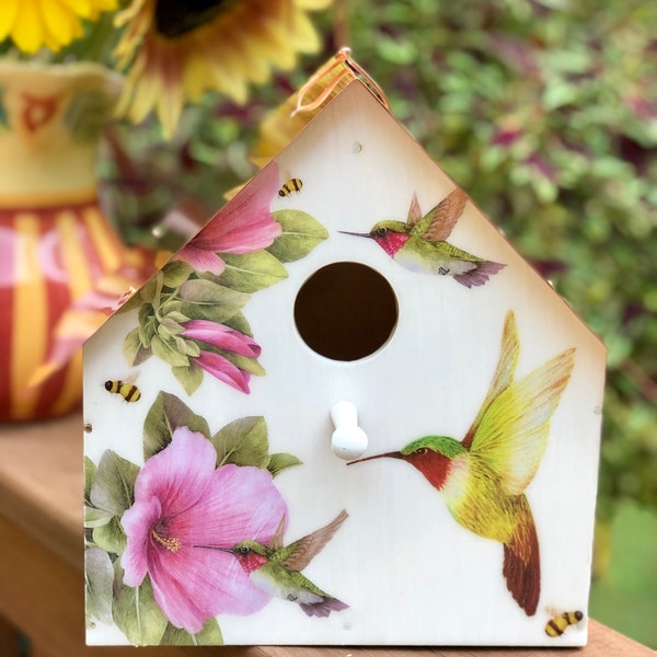 Hummingbirds & Hibiscus Copper Roofed Birdhouse, Special Offer! Buy one full sized birdhouse, get one birdhouse ornament FREE!