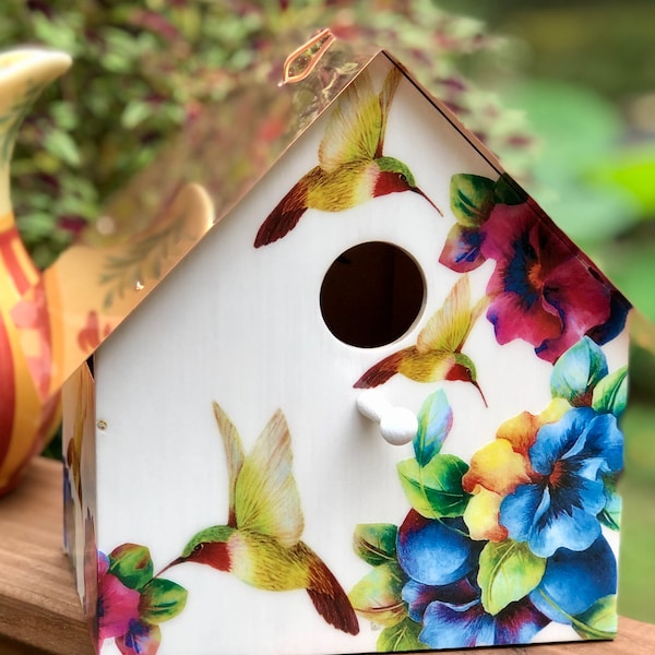 Hummingbirds and Pansies, Copper Roofed Birdhouse,  Special Offer!  Buy one full sized birdhouse, get one ornament FREE!