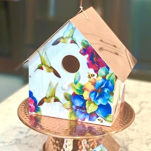Hummingbirds and Pansies, Copper Roofed Birdhouse,  Special Offer!  Buy one full sized birdhouse, get one ornament FREE!