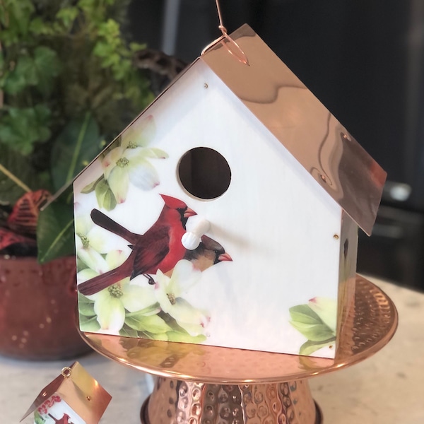 Cardinals & Dogwood Copper Roofed Birdhouse, Special Offer, Buy one full sized birdhouse, get one birdhouse ornament FREE!