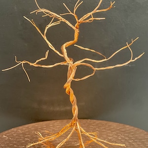 May include: A handcrafted copper wire tree sculpture. The tree features a twisted trunk and delicate branches, with exposed roots. The sculpture is displayed on a copper-colored circular base, set against a dark background.