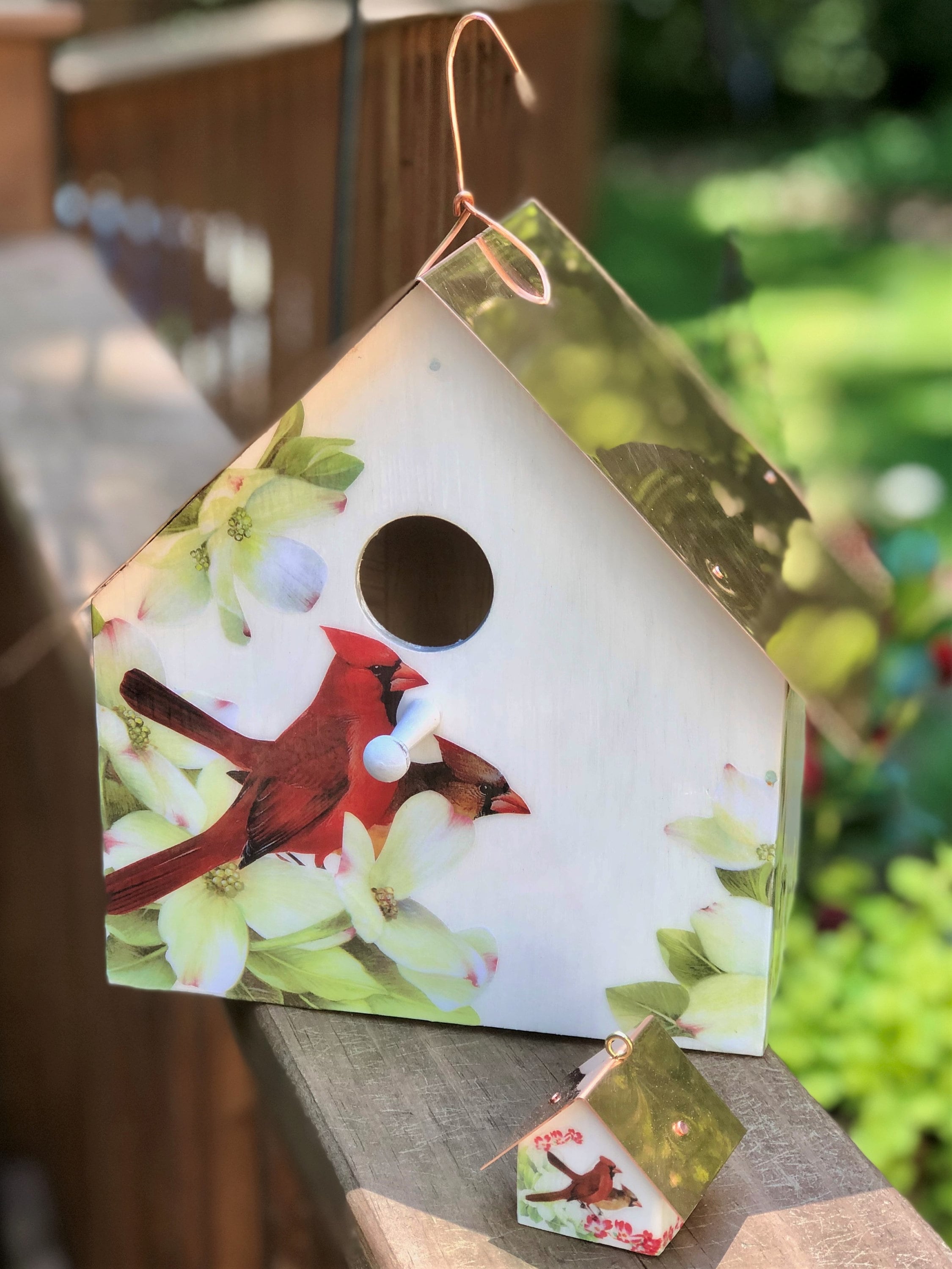 Cardinals & Dogwood Copper Roofed Birdhouse, Special Offer, Buy one full sized birdhouse, get one birdhouse ornament FREE!