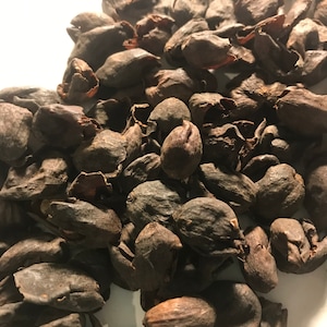 May include: A pile of dried, dark brown, wrinkled, and cracked fruit husks.