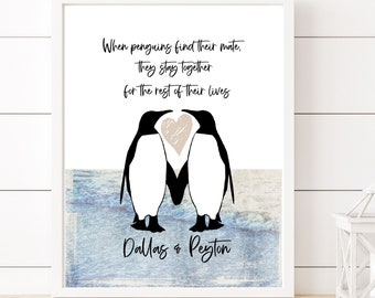 Personalized Penguin Art Print, Couples Gift, Custom Wedding Gift, Name Art, Unframed