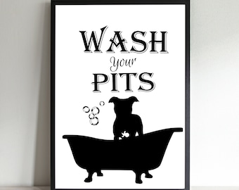 Pitbull Art Print, Bathroom Art, Pitbull Dog Art, Bath Décor, Pit Bull Decor, Pit Bull Dog Wall Art, Pitbull Gift, Unframed