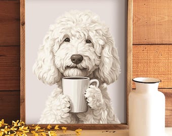 White Doodle Dog Coffee Print - Kitchen Wall Art, Instant Download