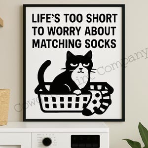 Funny Cat Art, Laundry Room Decor, Modern Black & White Cat Wall Art, Cat Lover Gift