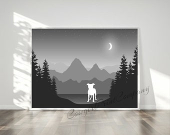 May include: Black and white silhouette of a dog standing in front of a mountain range with a crescent moon in the sky.