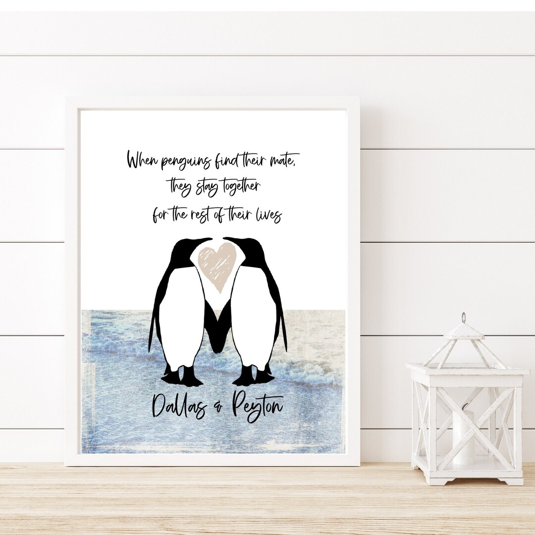 Personalized Penguin Art Print, Couples Gift, Custom Wedding Gift, Name ...