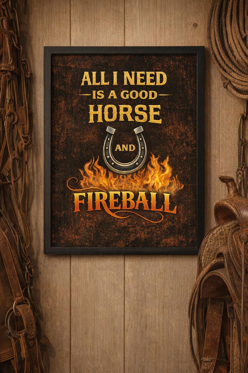 May include: Framed rustic sign with the text "ALL I NEED IS A GOOD HORSE AND FIREBALL" in gold and orange lettering. A horseshoe graphic is centered above flames. The background is a textured brown.