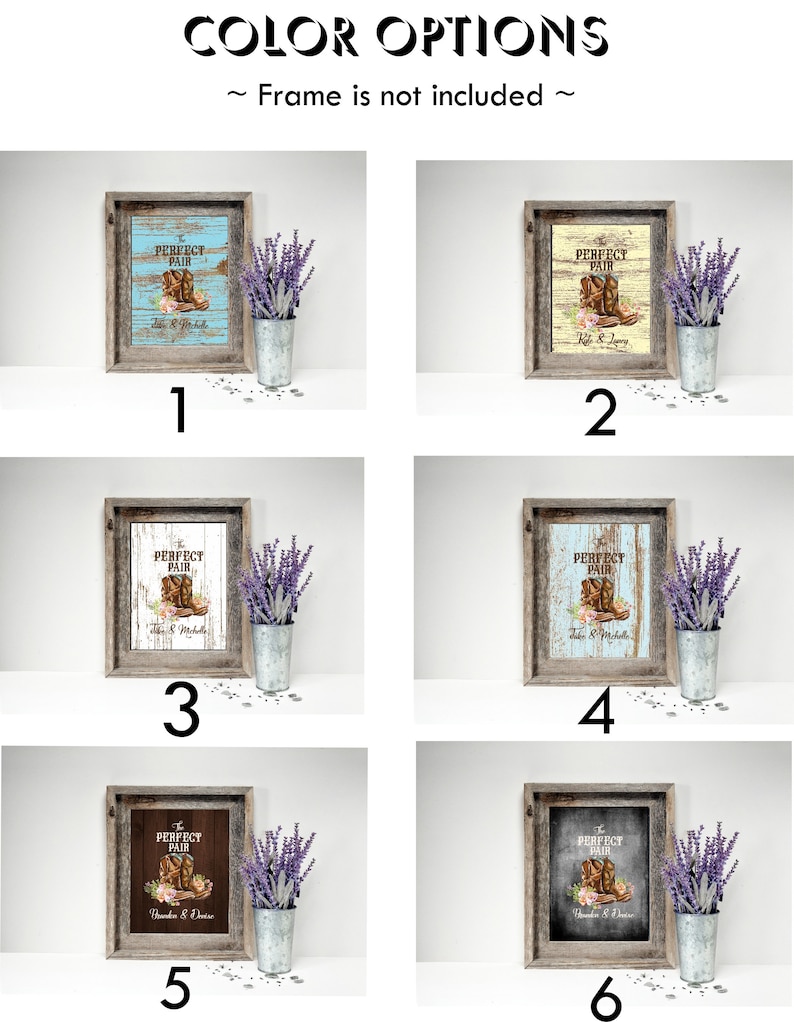 May include: A framed print with a rustic design, featuring a cowboy boot and floral accents. The text "PERFECT PAIR" is displayed above the boot, with names below. The image is accompanied by a metal bucket with lavender.