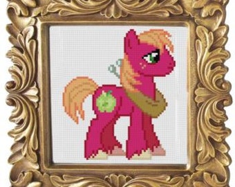 Peut inclure: Un poney rose avec une crinière et une queue brunes, portant une sacoche brune et une pomme verte sur le flanc. Le poney a des yeux verts et un nez rose.
