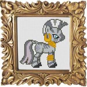 May include: A gray and white pony with a purple mane and tail. The pony has a gold crown and bracelets. The pony is standing on a white background.